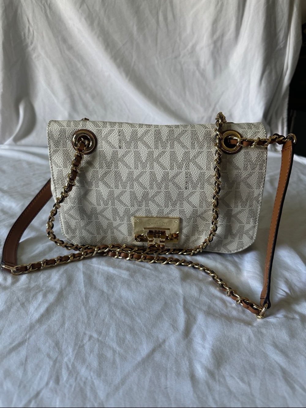 Michael Kors Cream Monogram Chain Shoulder Bag with Gold Hardware